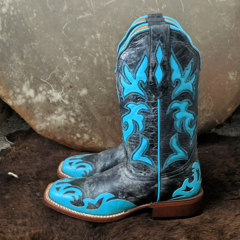 JOHNNY RINGO E1385 charcoal gray & turquoise wing tip boots square toe sz 6.5B - Picture 2 of 16